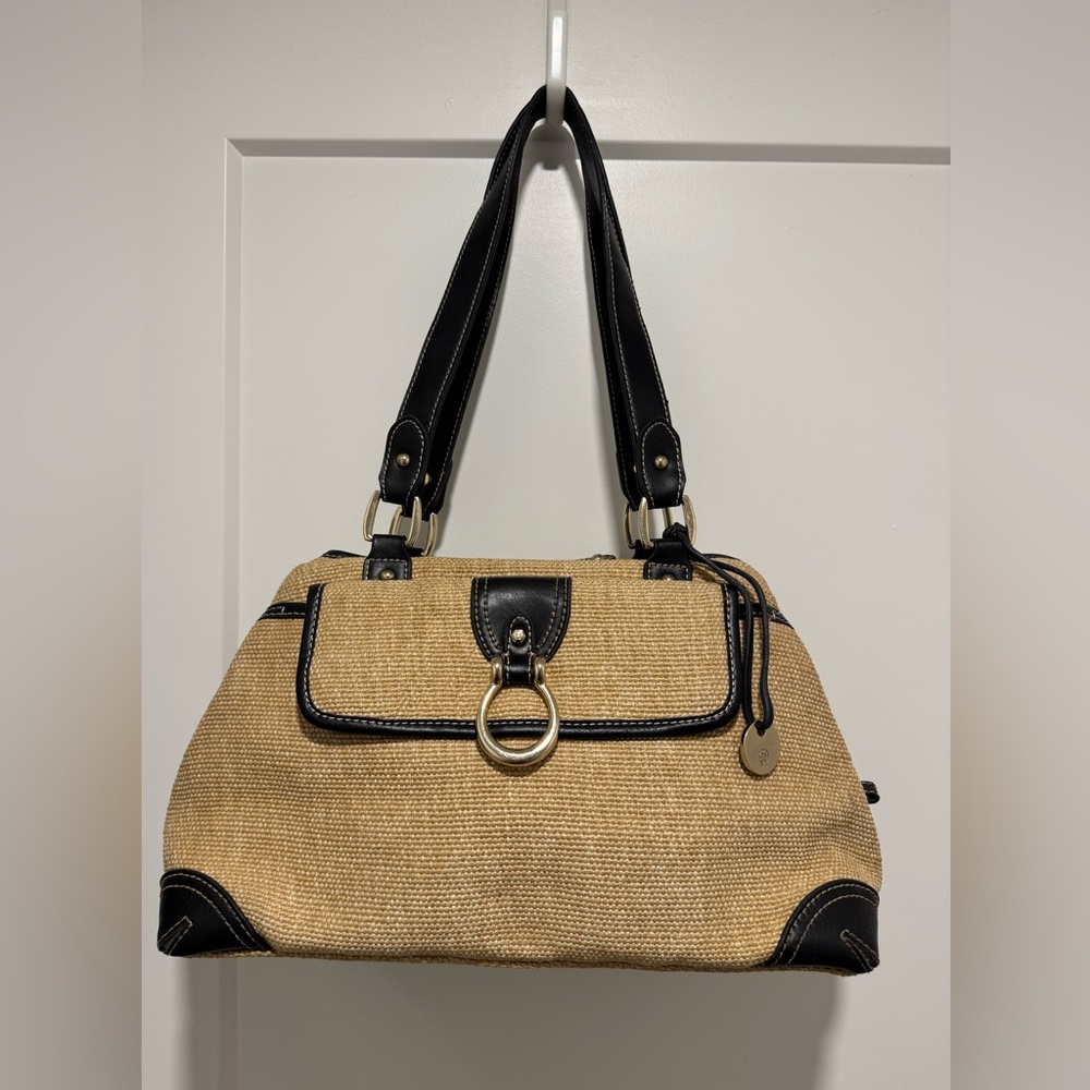 Etienne Aigner Purse Woven Jute & Leather Handbag Shoulder Many Compartments